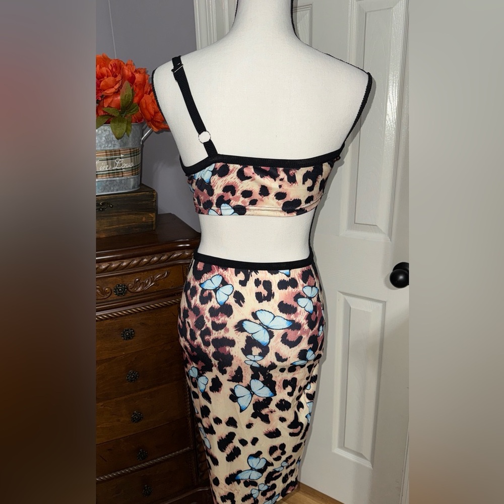 Leopard Print Midi Dress with Blue Butterfly Accents one shoulder strap S